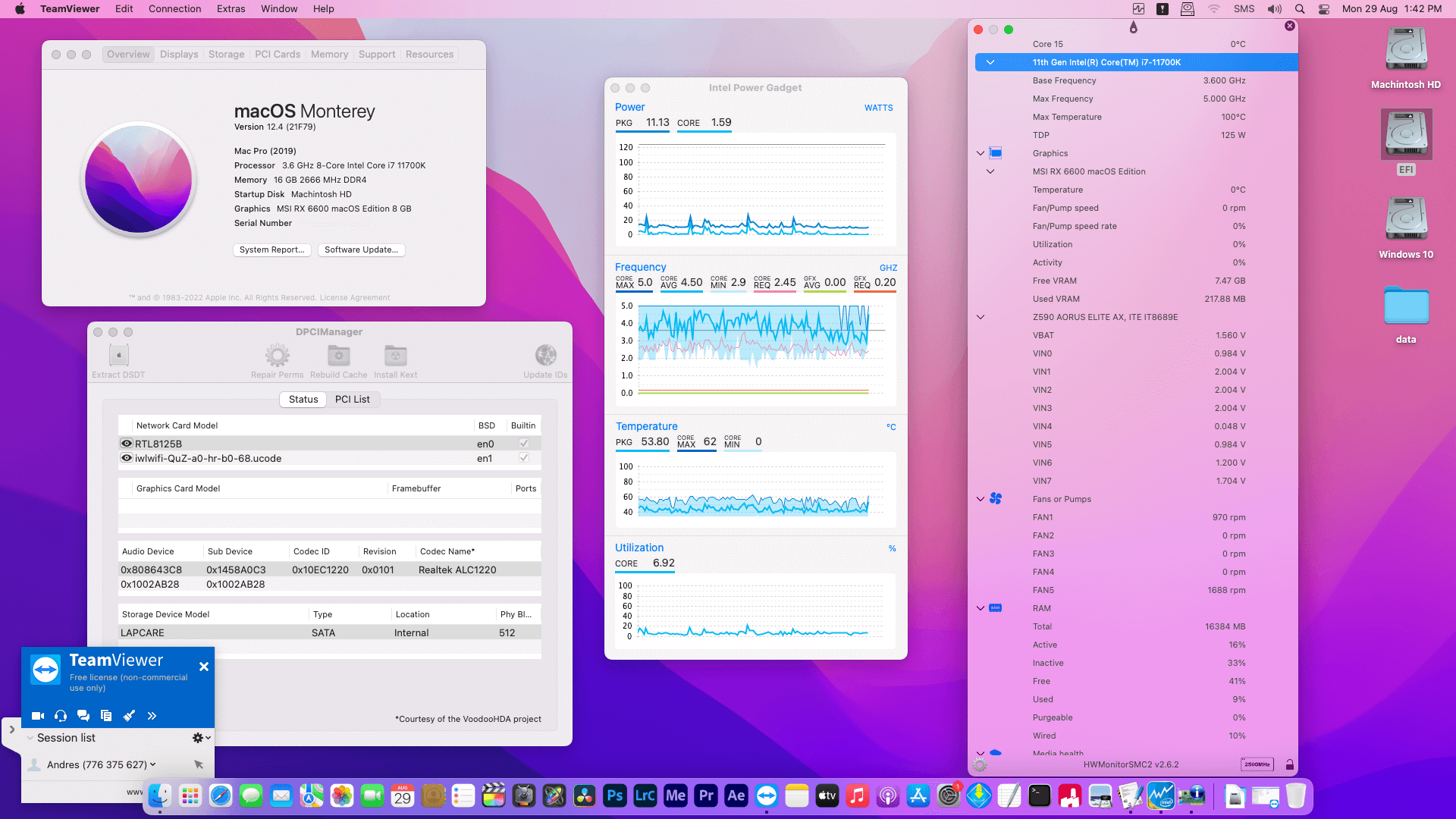 Success Hackintosh macOS Monterey 12.4 Build 21F79 in Gigabyte Z590 Aorus Elite AX + Intel Core i7 11700K + MSI RX 6600